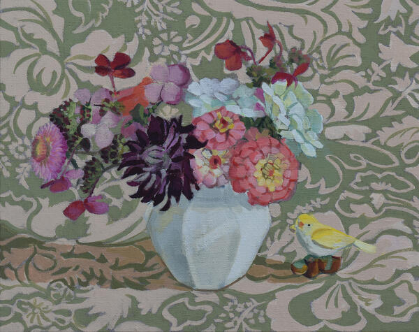 Canary With Zinnias Dahlias