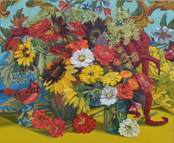 Cardinal Among Zinnias