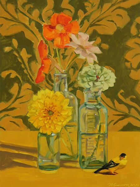 Zinnias in Green Bottles